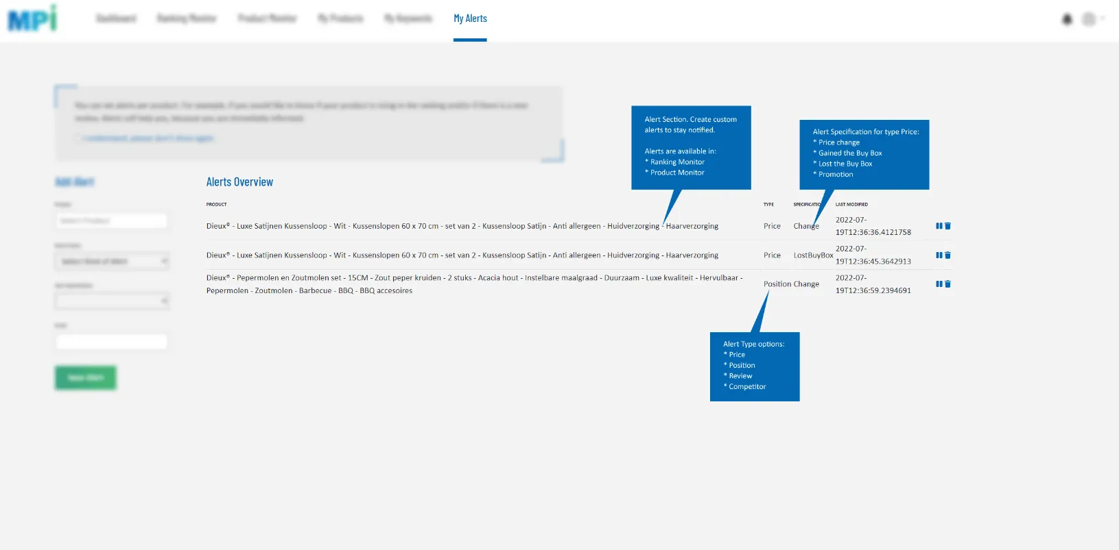 Marketplace-Intelligence-Dashboard mit automatischen Alerts für Preisänderungen, Produkt-Rankings, Buy-Box-Änderungen und Aktionen