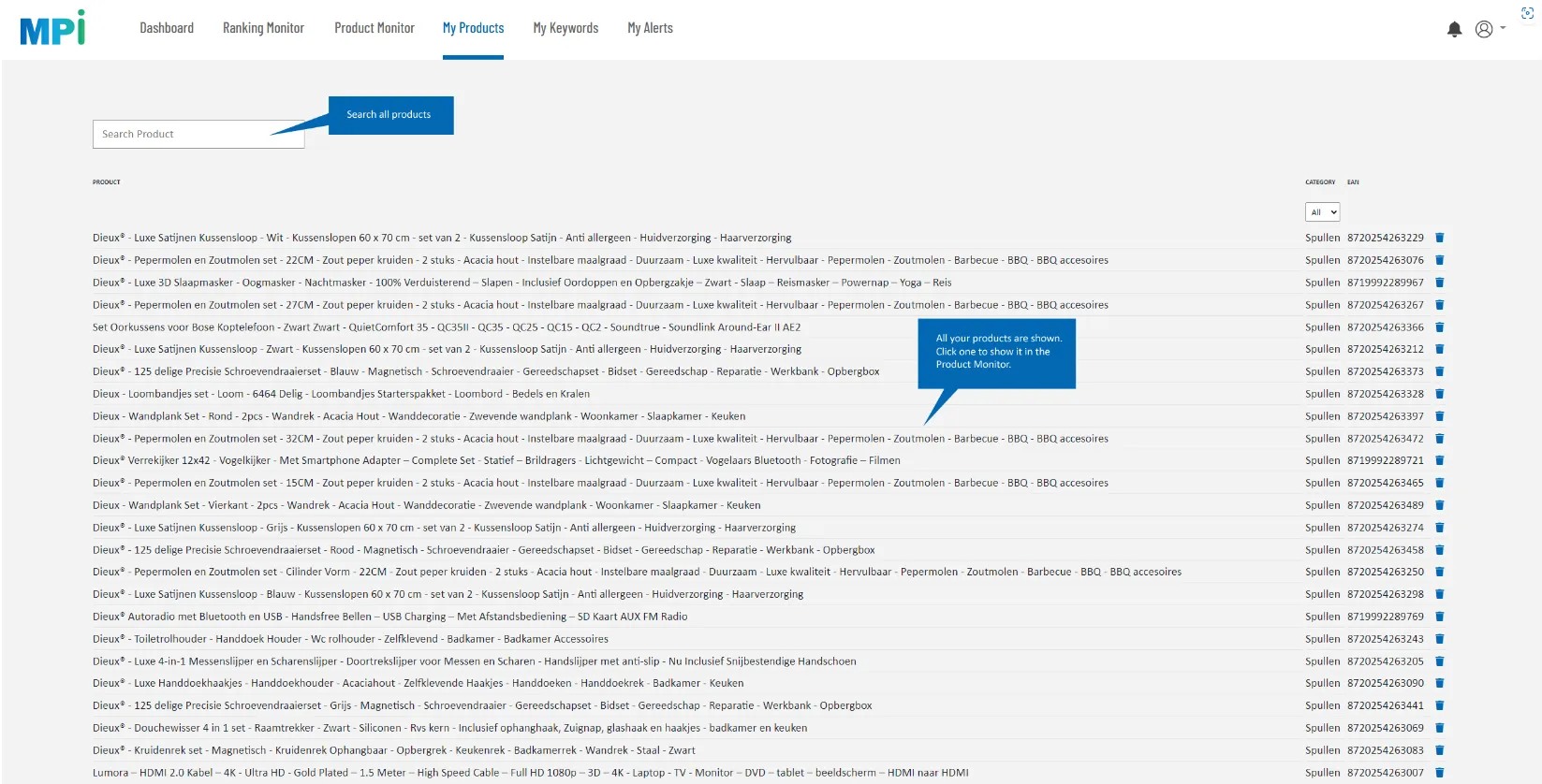 Marketplace-Intelligence-Dashboard mit Übersicht über überwachte Produkte