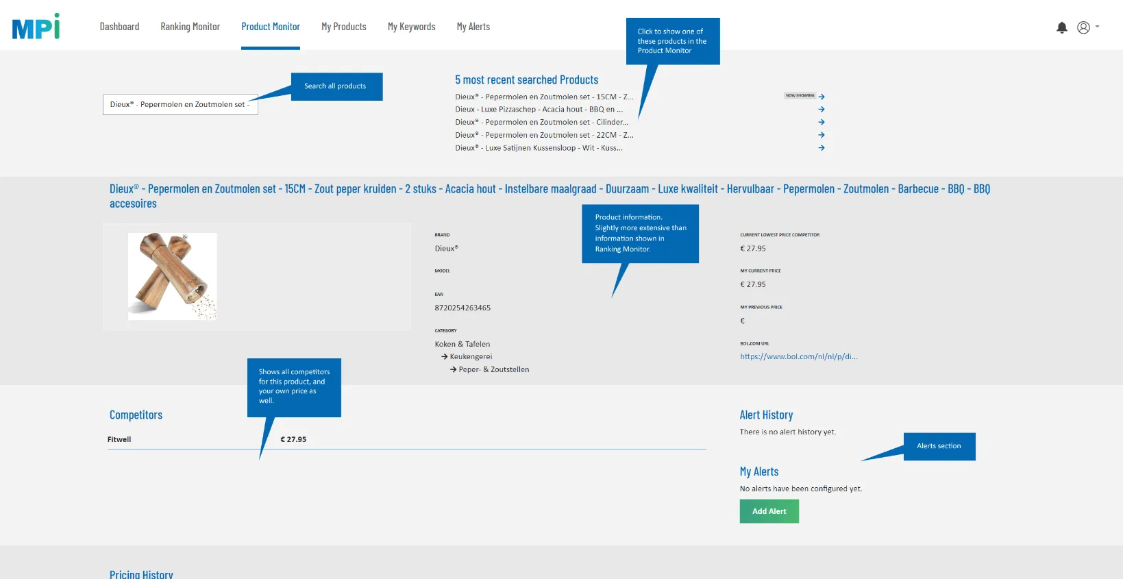 Marketplace-Intelligence-Dashboard mit Preis-Monitoring, Wettbewerbsanalyse und Produktinformationen